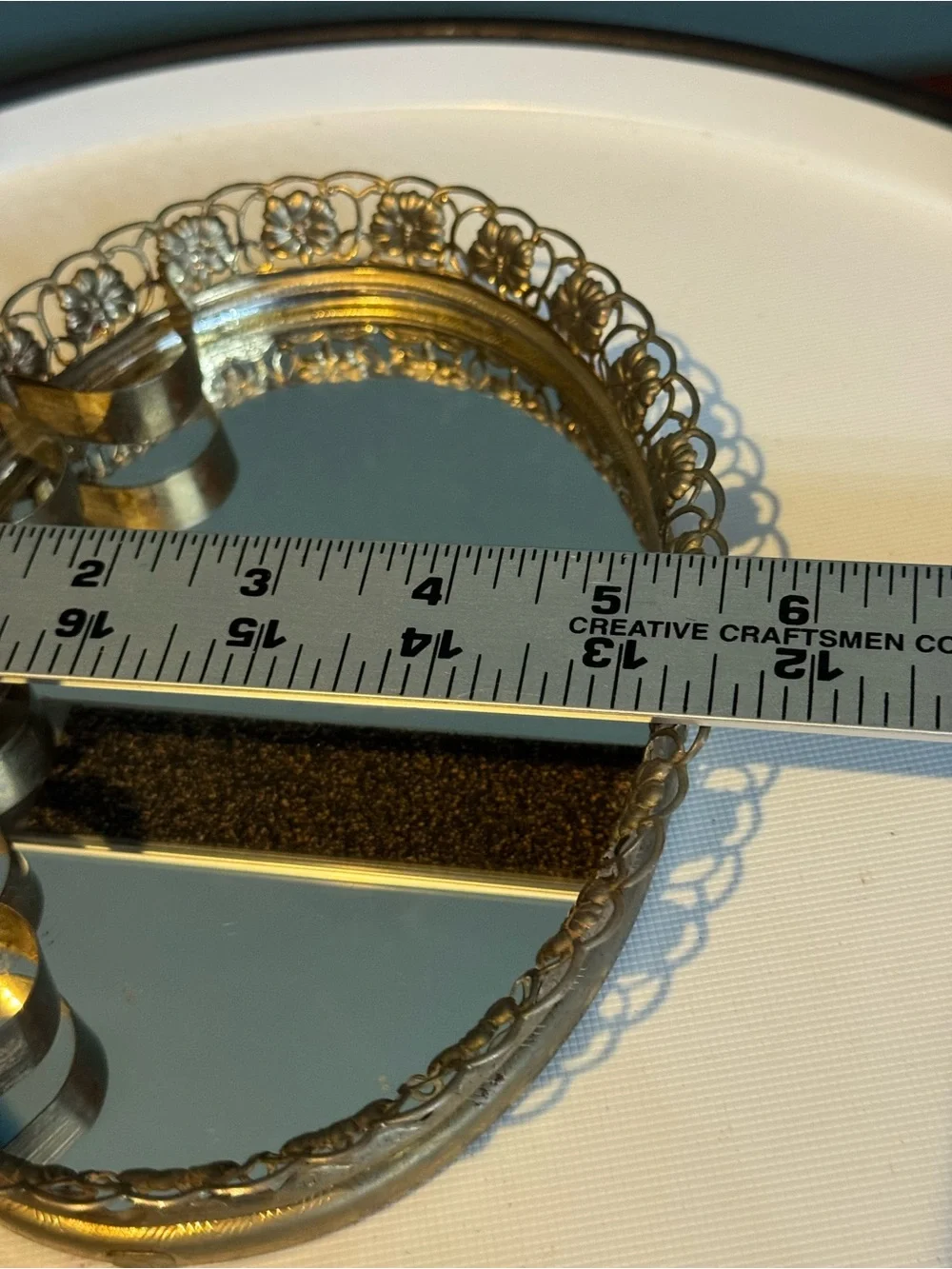 Vintage Metal Vanity Mirror Tray with built-in Lipstick Holder Hollywood Regency